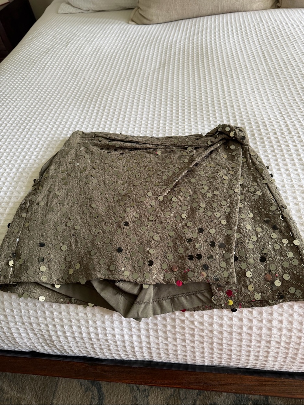 Zara Olive Green Sequin Wrap Mini Skirt
